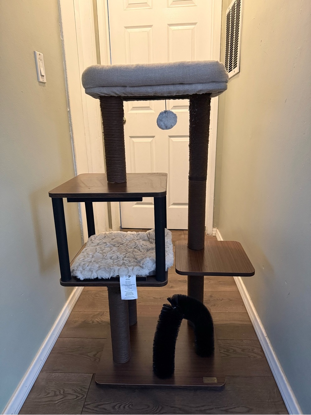 Plush Gray & Brown Multi-Level Cat Tree with Play Toy